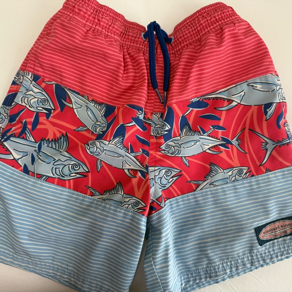 Kids Vineyard Vines Fish Print Swim Trunks in Coral and Light Blue